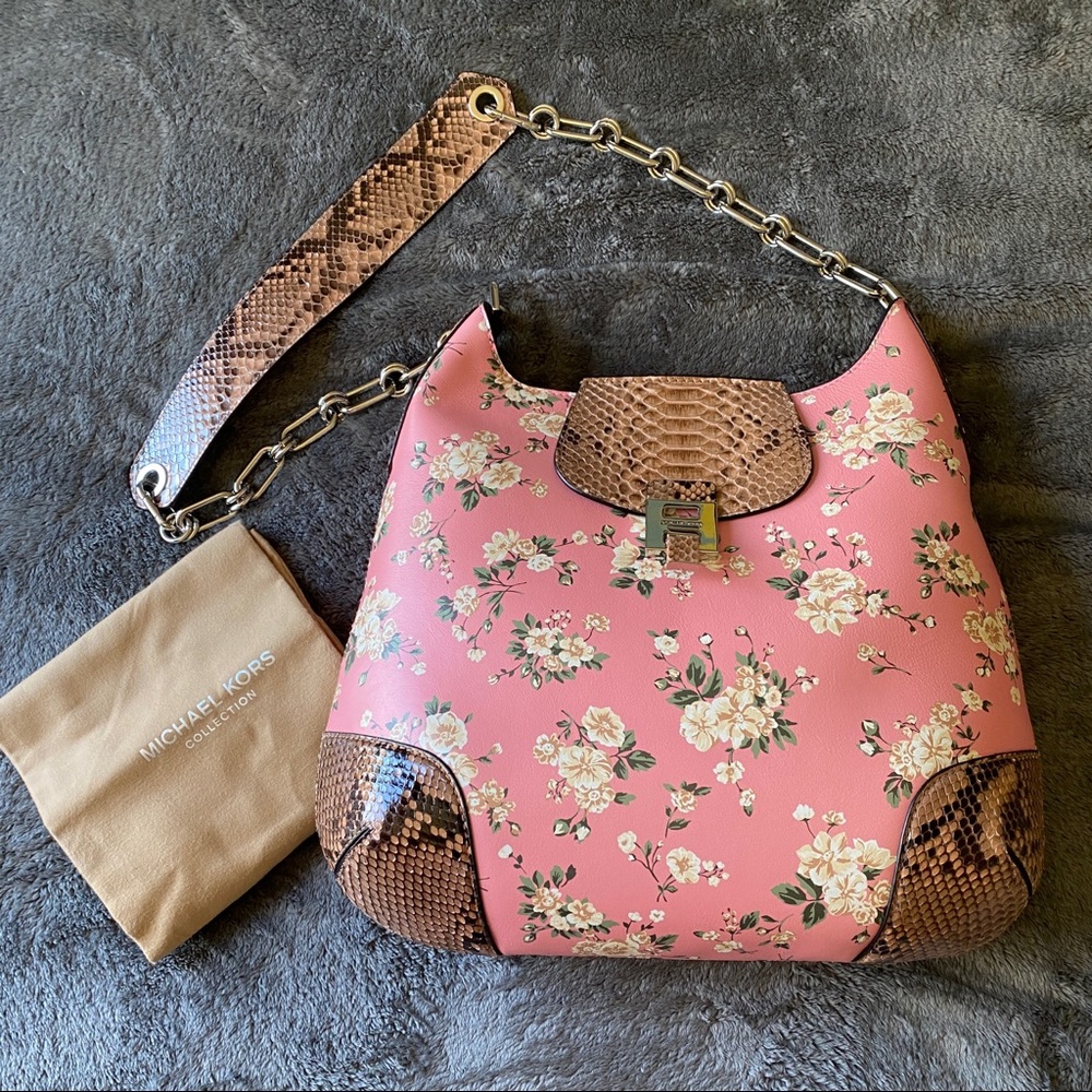 Michael Kors designer leather and python floral design shoulder bag